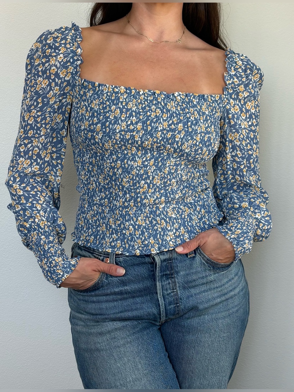 Reformation Pinto Smocked Floral Puff Sleeve Top Blue Medium